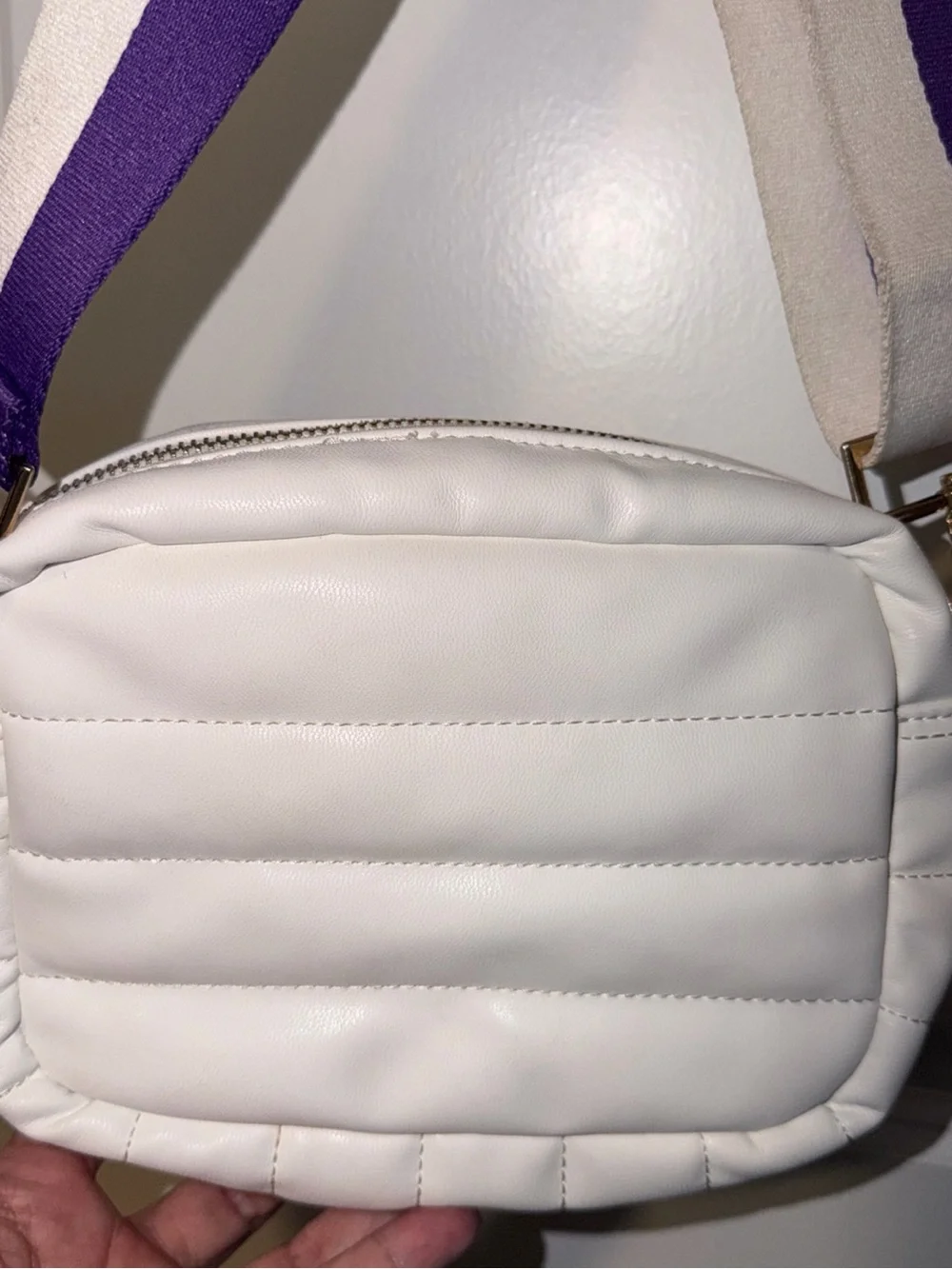 White Quilted Crossbody Bag with Contrast Purple-Trim Strap